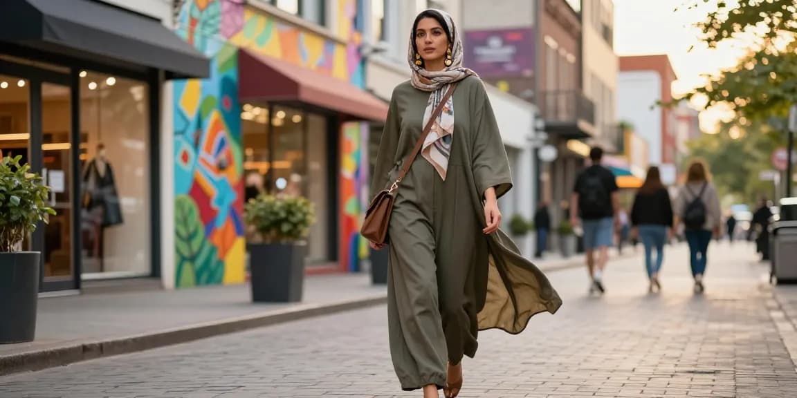 Stylish woman in modest clothing expressing confidence in a vibrant city setting.