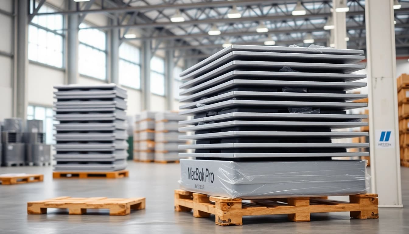 Showcasing MacBook Pro pallets for Sale in a bright, organized warehouse.