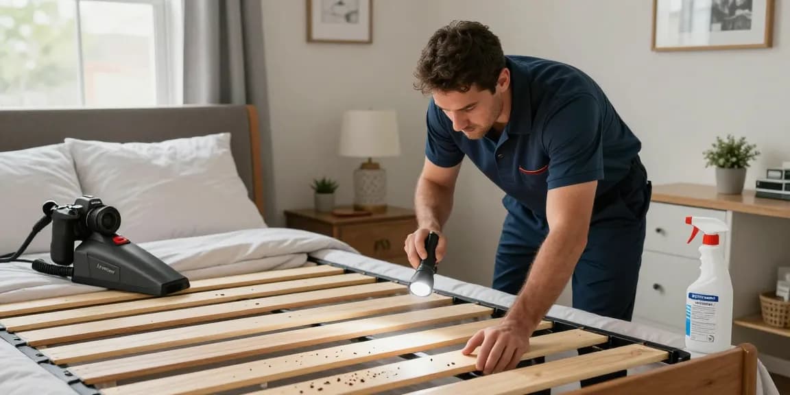 Expert bed bug treatment in a Milwaukee bedroom with an exterminator inspecting for infestations.