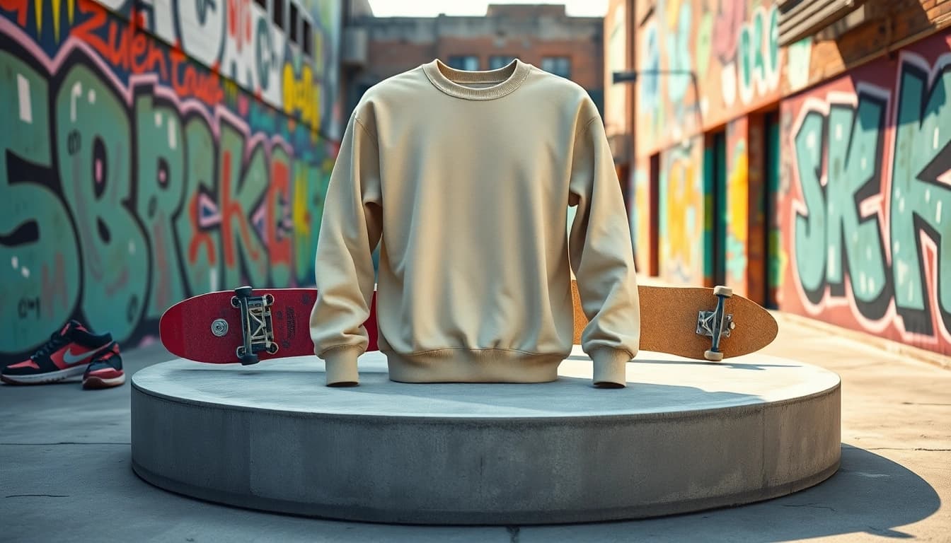 Stylish blank crewneck showcased in a vibrant urban environment with artistic backgrounds.