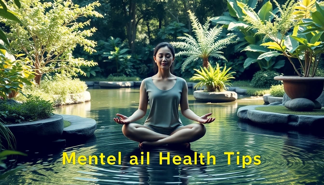 Engaging mental health tips showcased through a tranquil meditation scene in nature.