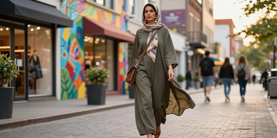 Stylish woman in modest clothing expressing confidence in a vibrant city setting.