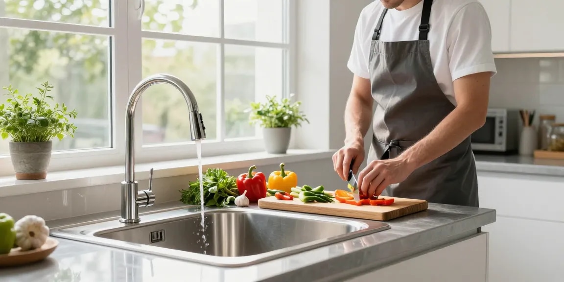 Stylish kitchen sink in stainless steel with fresh vegetables being prepared, showcasing modern culinary design.