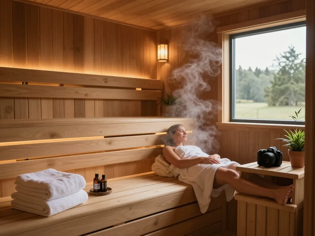 Sauna customization featuring a cozy wooden sauna with herbs and ambient lighting for relaxation