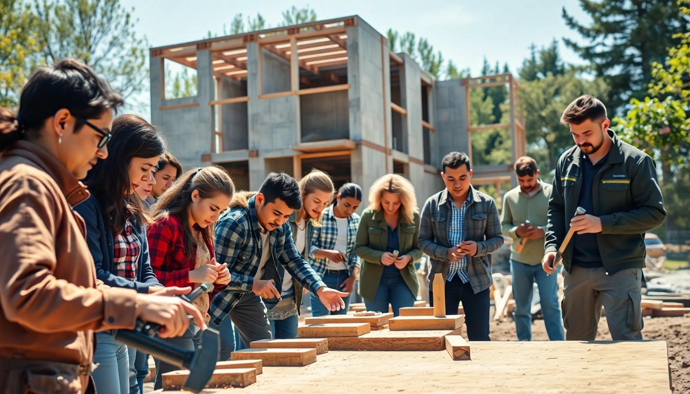 Participants engaged in construction craft training with tools, showcasing skill and collaboration.