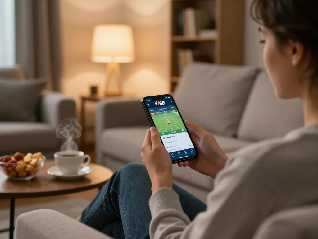 Engaging with f168 betting app on smartphone, showcasing live sports odds in a cozy atmosphere