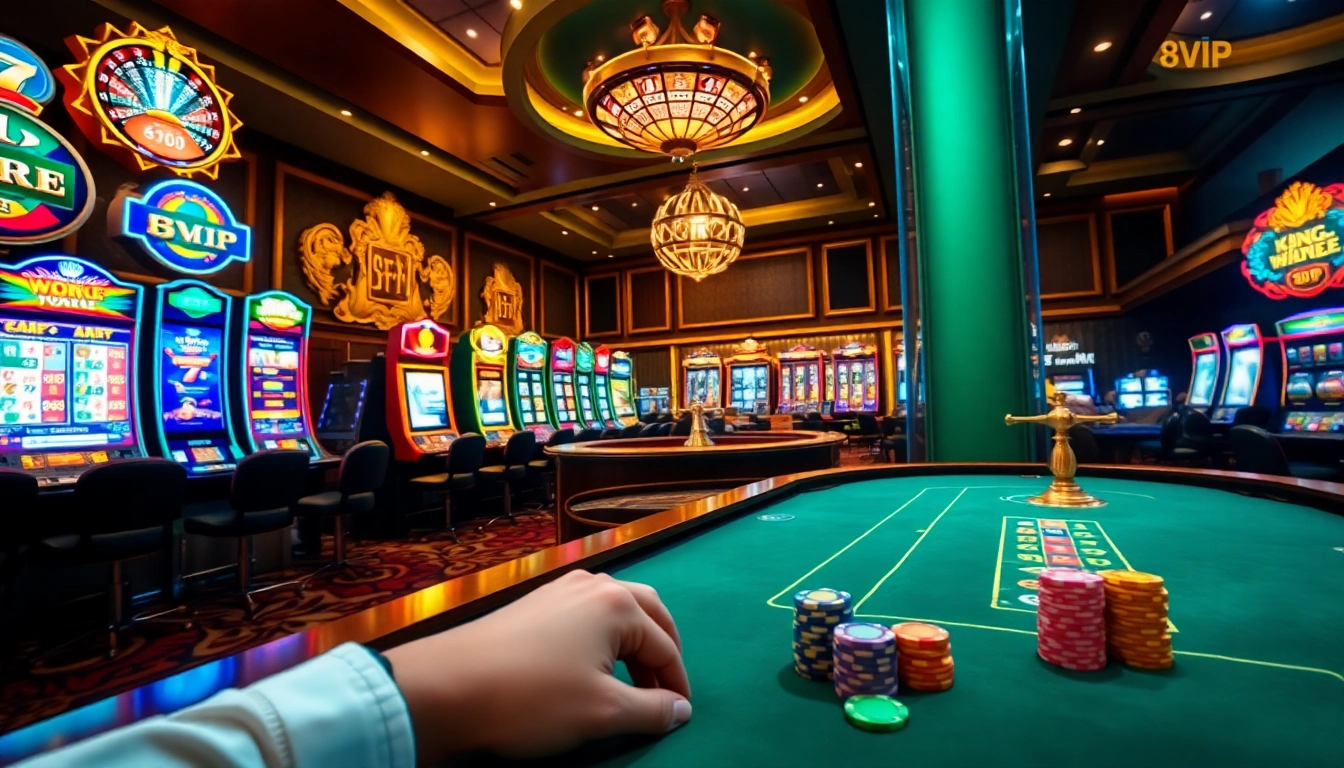 Link Vào Nhà Cái 68VIP showcased in a vibrant casino environment with roulette and poker games.