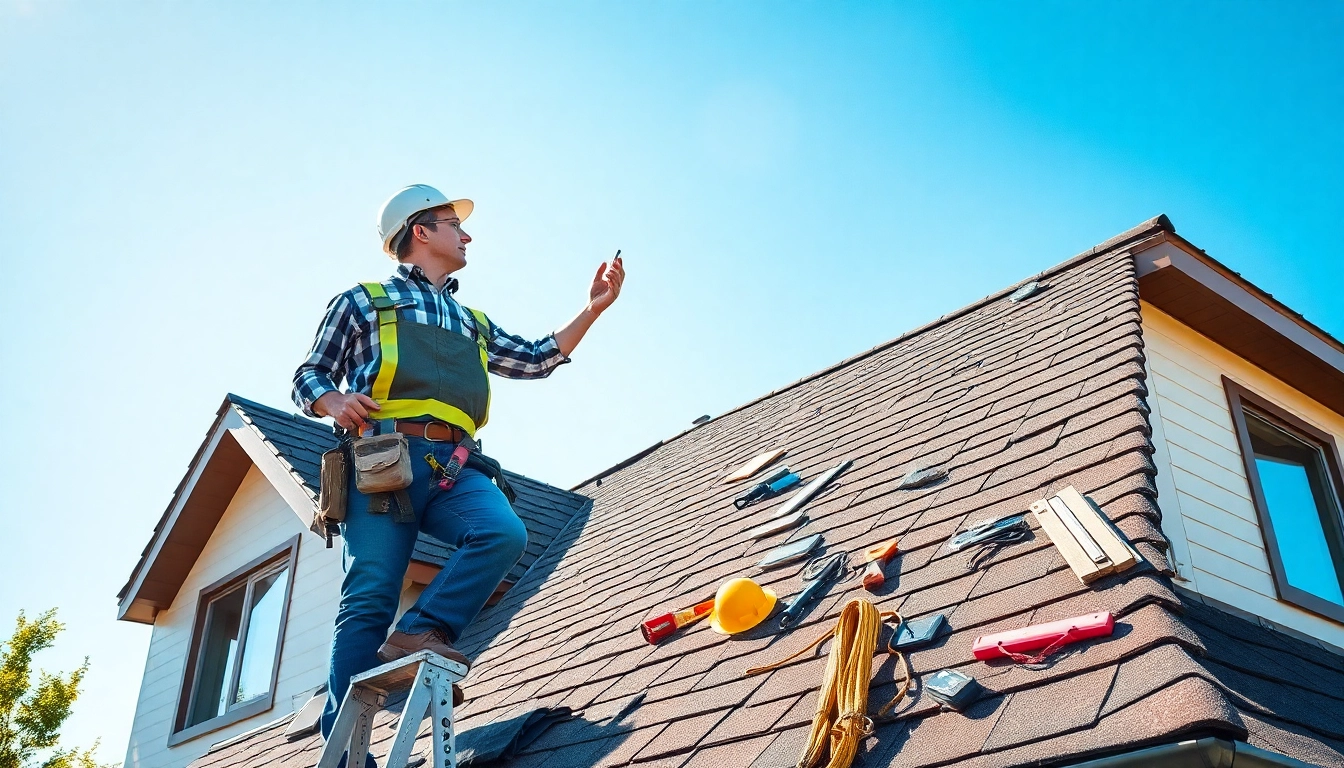 Engaged roofing contractor San Ramon assessing a residential roof with tools.