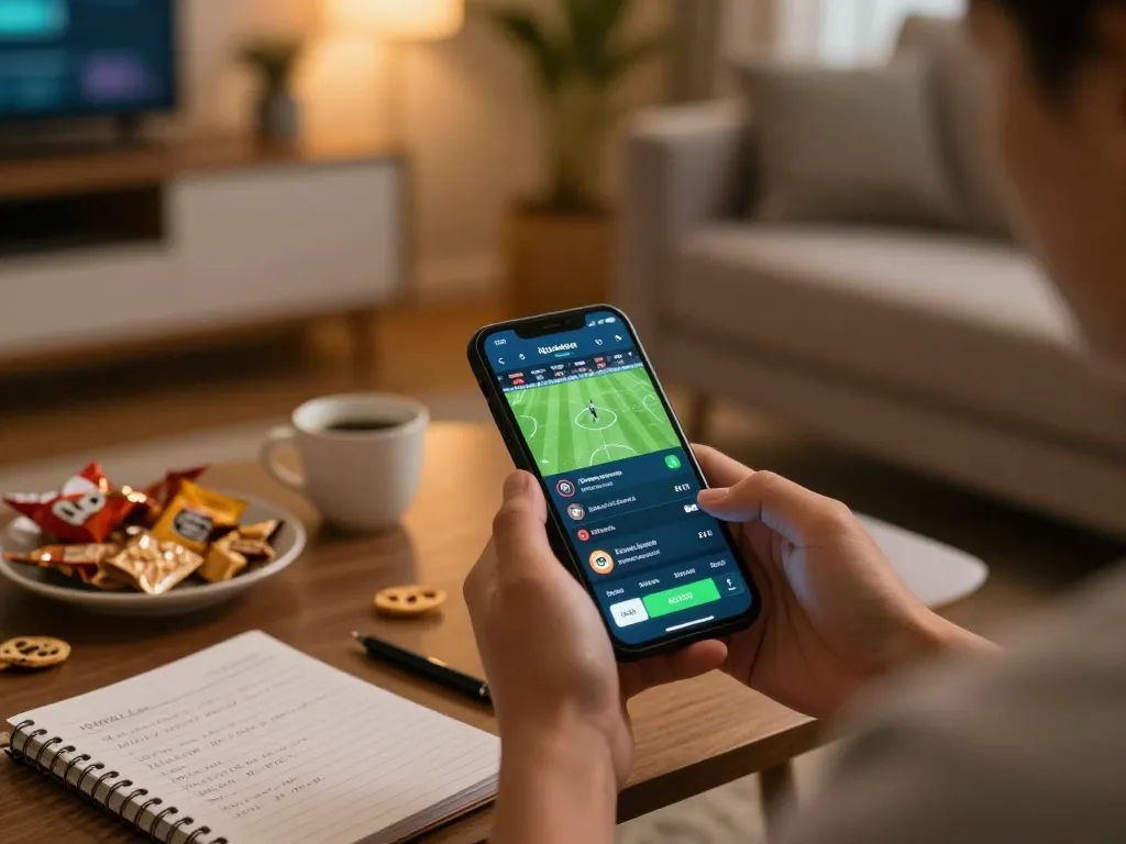 Engaging scene of using kèo bóng đá trực tuyến app on smartphone during online sports betting at home.