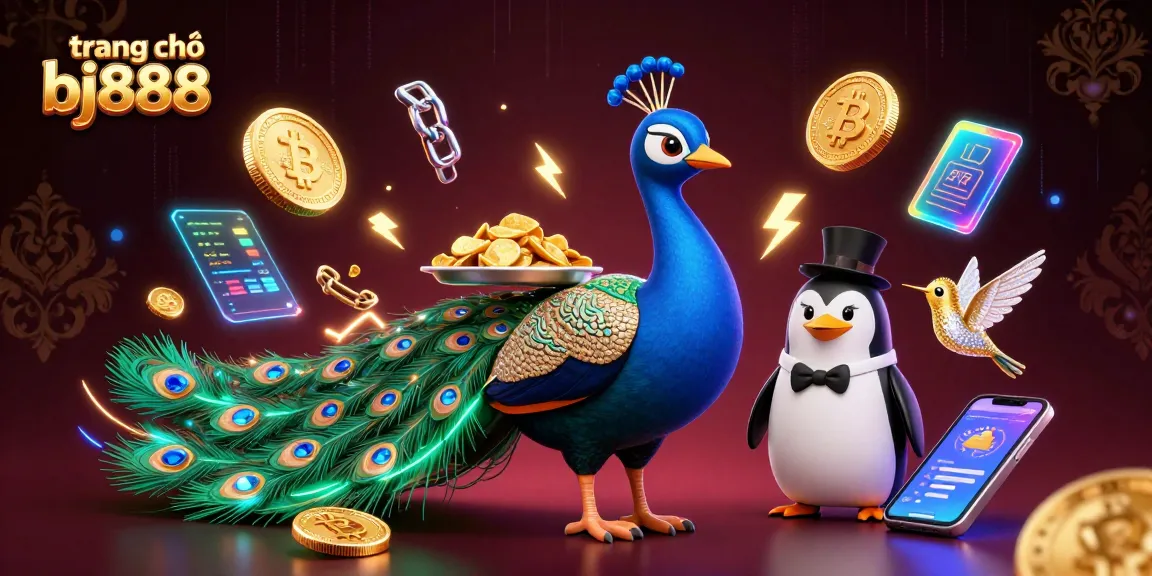 Engage with new experiences at trang chủ bj888, featuring vibrant designs of an aristocratic peacock amidst casino elements.