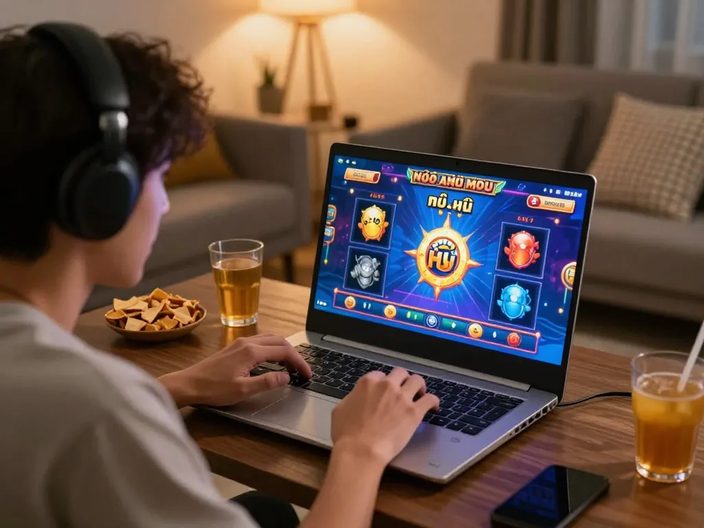 Engaged player enjoying a thrilling nổ hũ online slot game session at home