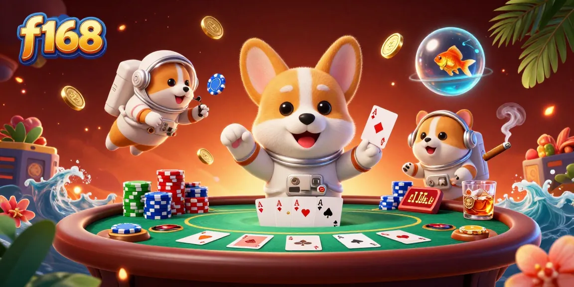 f168 casino astronaut corgi floating in a vibrant 3D illustration with poker chips and coins