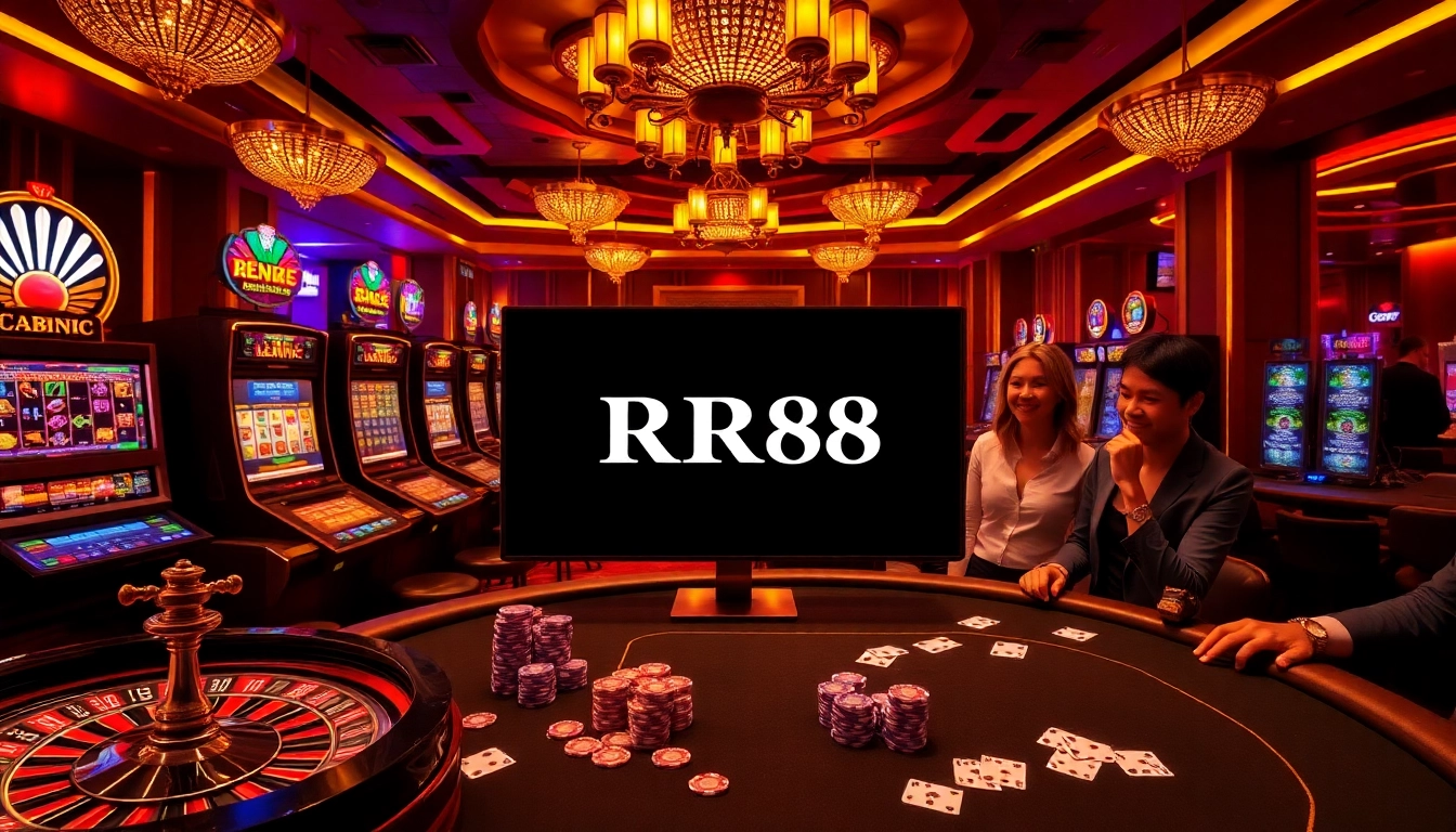 RR88 offers exciting gameplay with vibrant casino elements like cards, chips, and roulette.