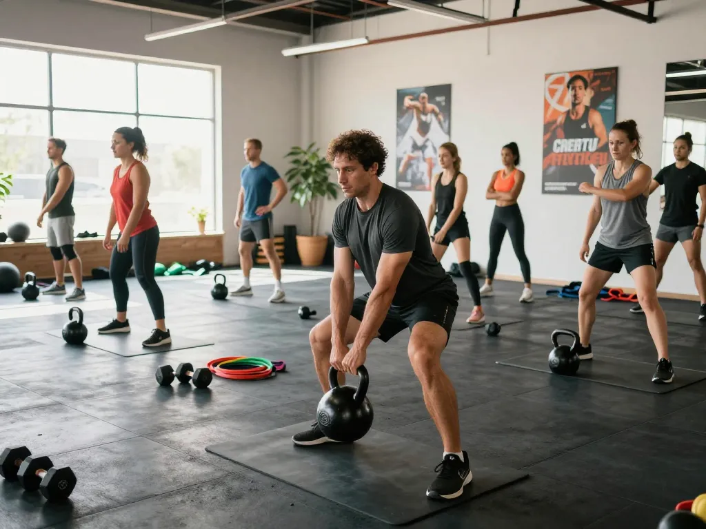 Hitclub training session with athletes using kettlebells and resistance bands in a bright gym.