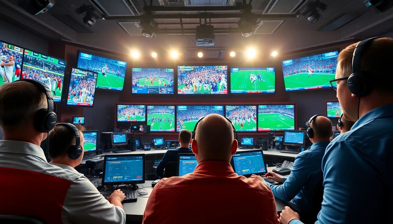Engaging broadcasters discussing live Sports Broadcasting events in a vibrant studio setting.