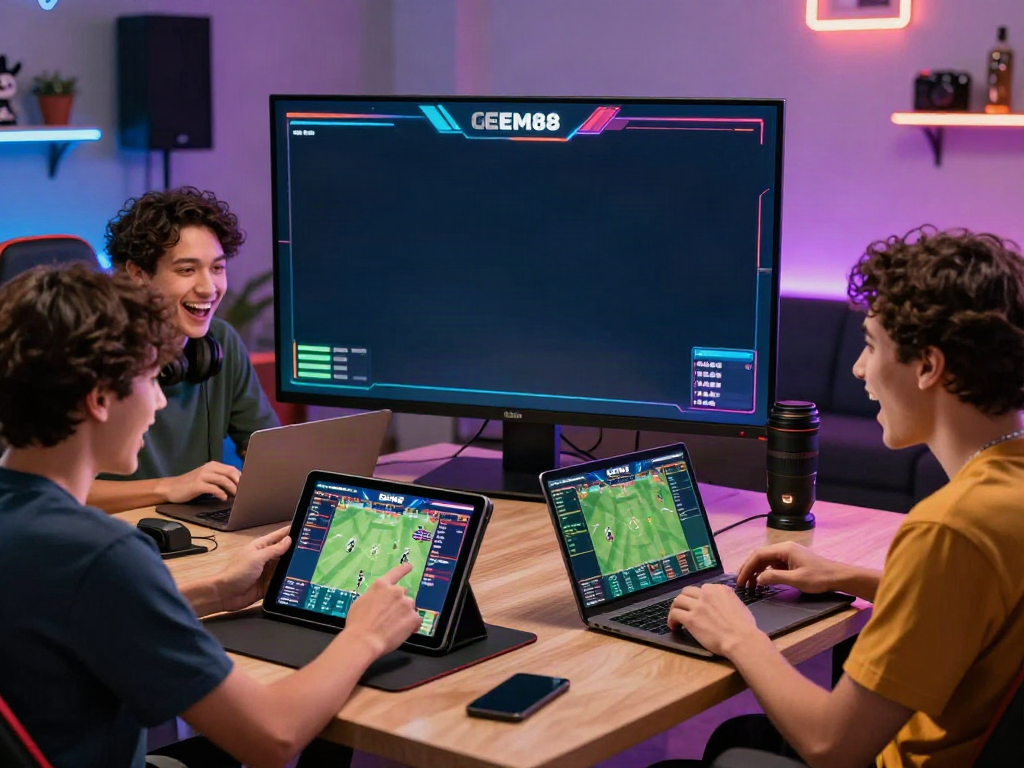 Friends engaging in online gaming and sports betting on https://gem88.jpn.com/ in a lively setting.