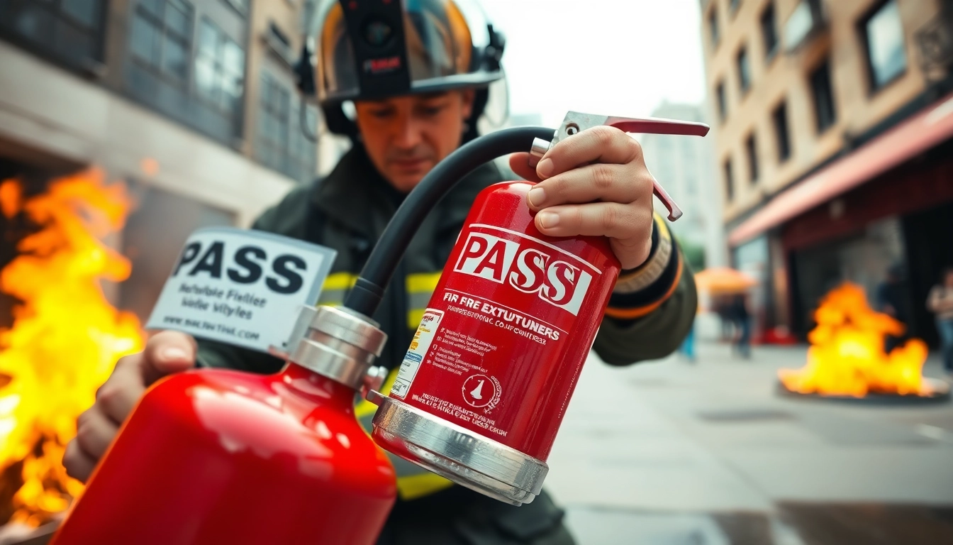 Demonstrating the use of a pass fire extinguisher in a fire safety scenario.