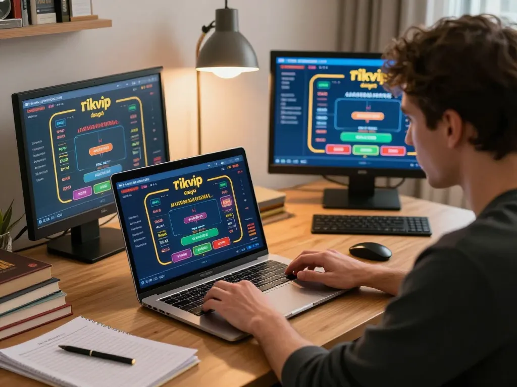 Player using laptop for rikvip đăng nhập, showcasing engaging online gambling experience.