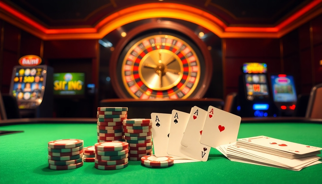 Dynamic gambling action at Trang Chủ GO88 with vibrant casino elements like cards, chips, and roulette.
