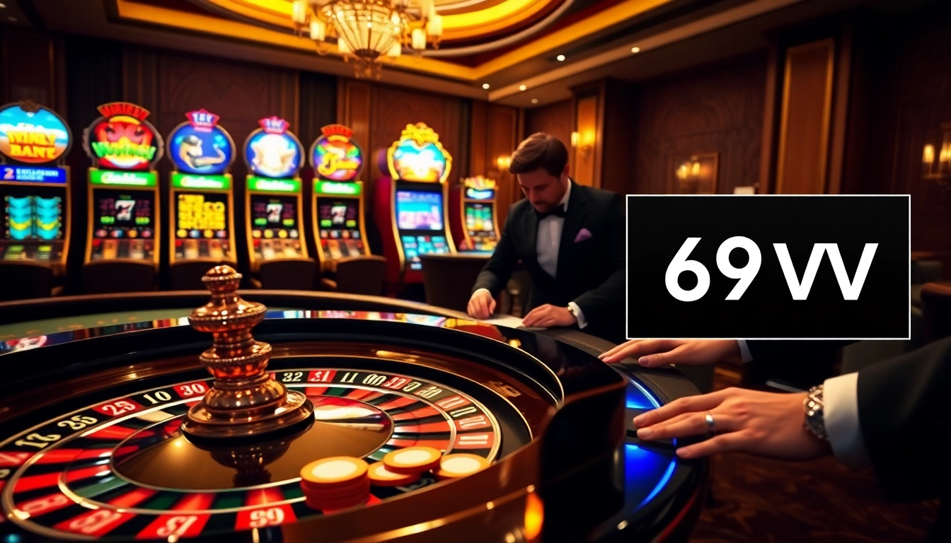 Engaged players at a roulette table in an elegant casino setting, showcasing the excitement of 69VN.