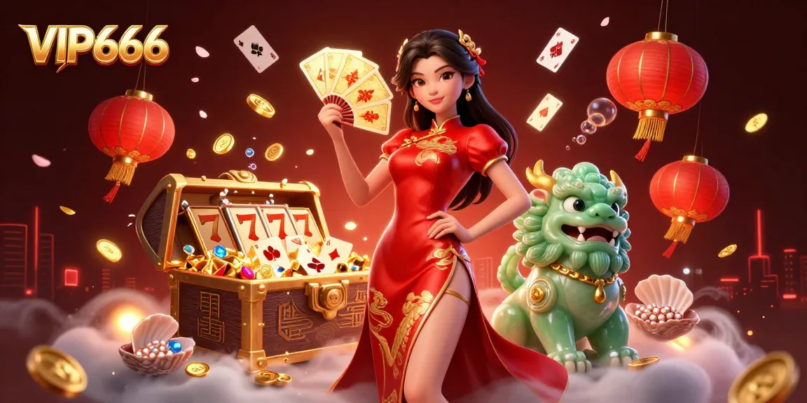 Engage with VIP666 through a captivating scene of a woman in a qipao, celebrating luck with gold coins and slot reels.