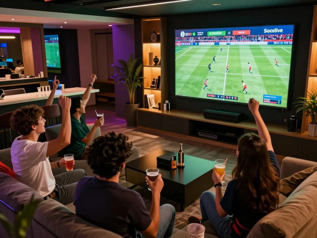 Socolive platform showcasing a live football match in an exciting sports lounge atmosphere