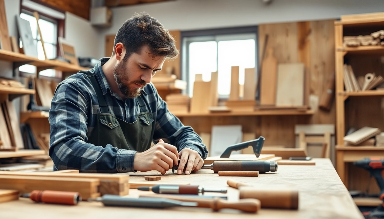 Apprentice mastering carpentry apprenticeship skills with tools and wood in a workshop setting.