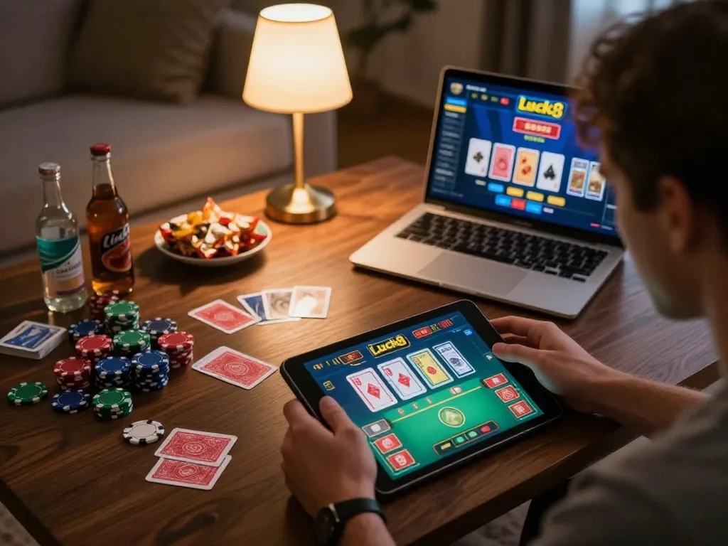 Luck8 player strategically betting while cozy gaming at home with a tablet and snacks