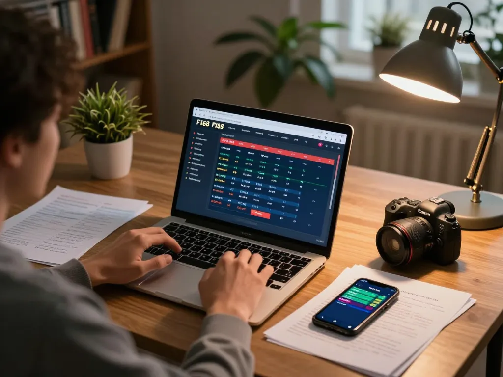 Engaging in sports betting on F168 platform, showcasing analysis and strategy at home.