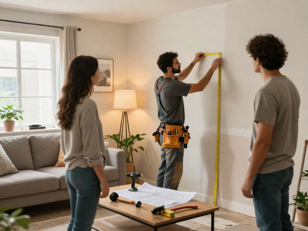 Home repair services Des Moines Iowa, contractor measuring walls in a cozy living room renovation.