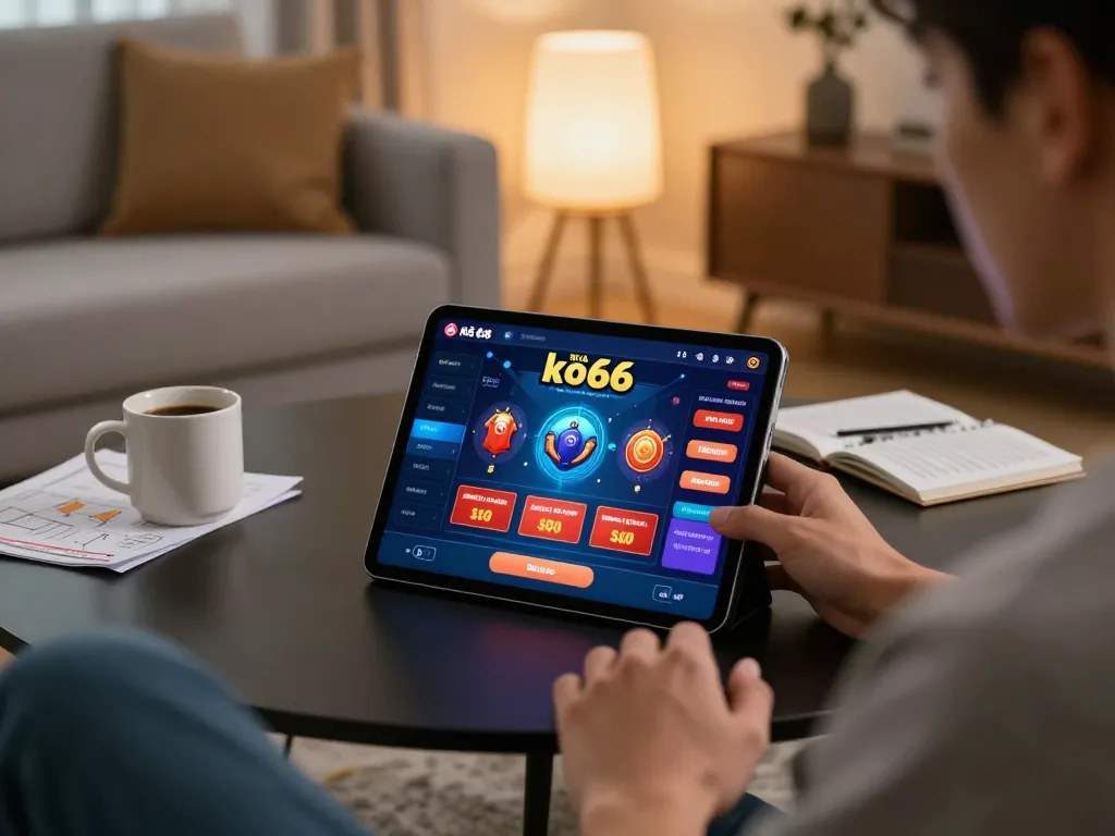 Engaging scene of a user strategizing on Nhà cái ko66 for online gambling in a cozy home setting
