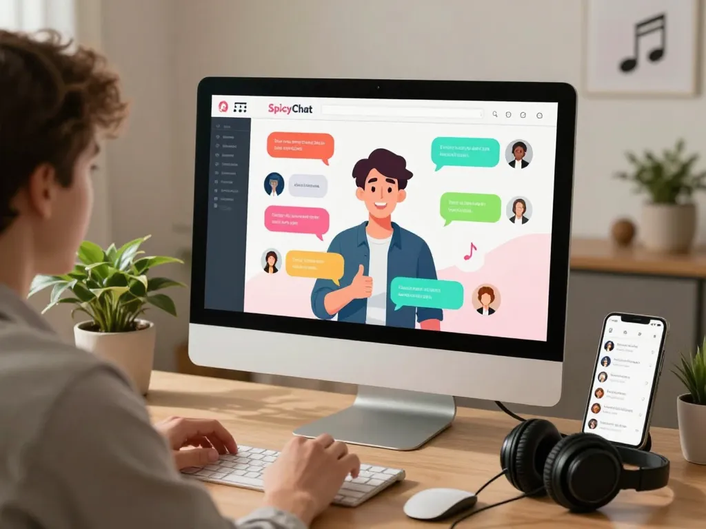 Engaging SpicyChat AI interaction in a cozy home office with colorful chat bubbles.