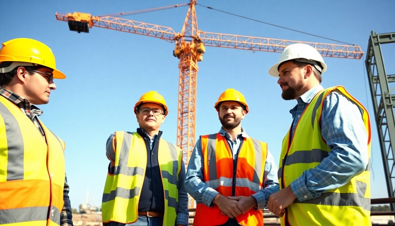 Construction career professionals collaborating on a busy site with equipment and tools.