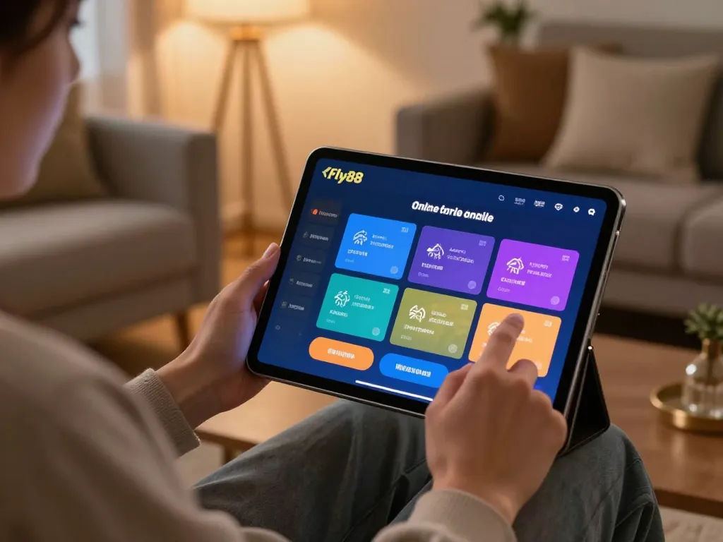 Engage with fly88 on your tablet in a cozy, stylish home setting for online gambling.