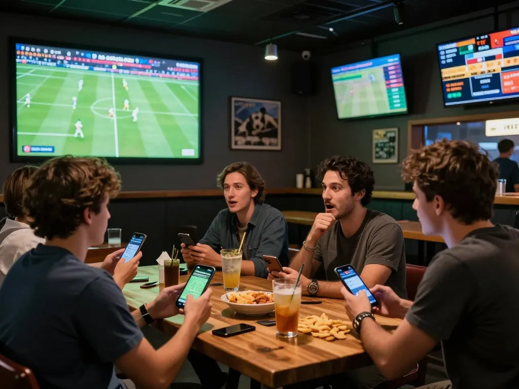 CakhiaTV app in use for live football betting while friends enjoy a game night.