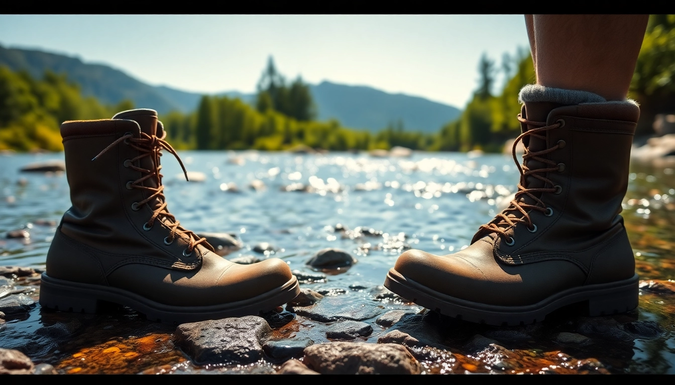 Wearing fly fishing boots while standing in a serene river showcasing the rugged design.