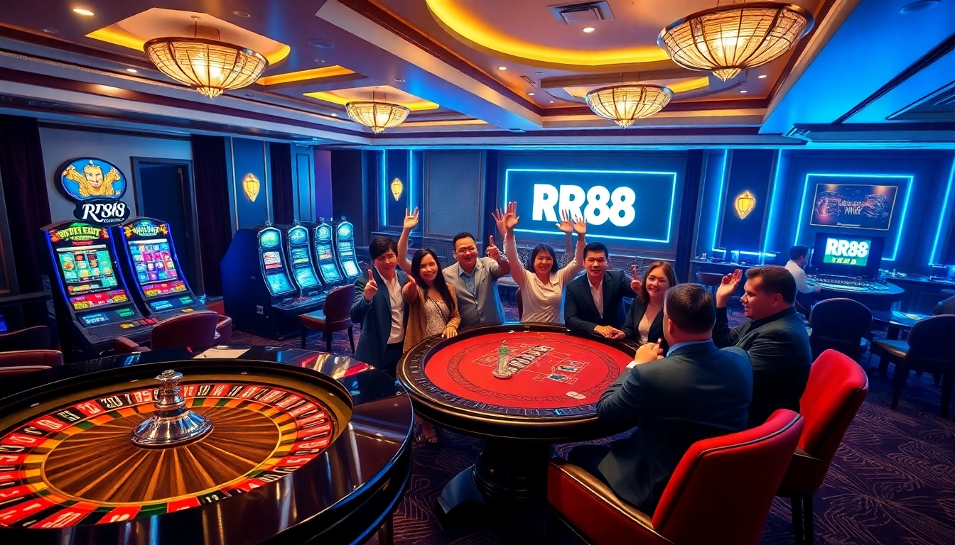 Experience the excitement of RR88 with players celebrating wins at a luxurious casino scene.
