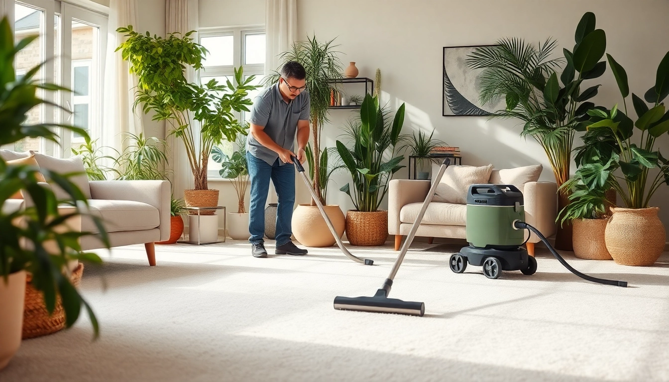 Carpet cleaning specials highlighted by a professional technician in a vibrant living room.