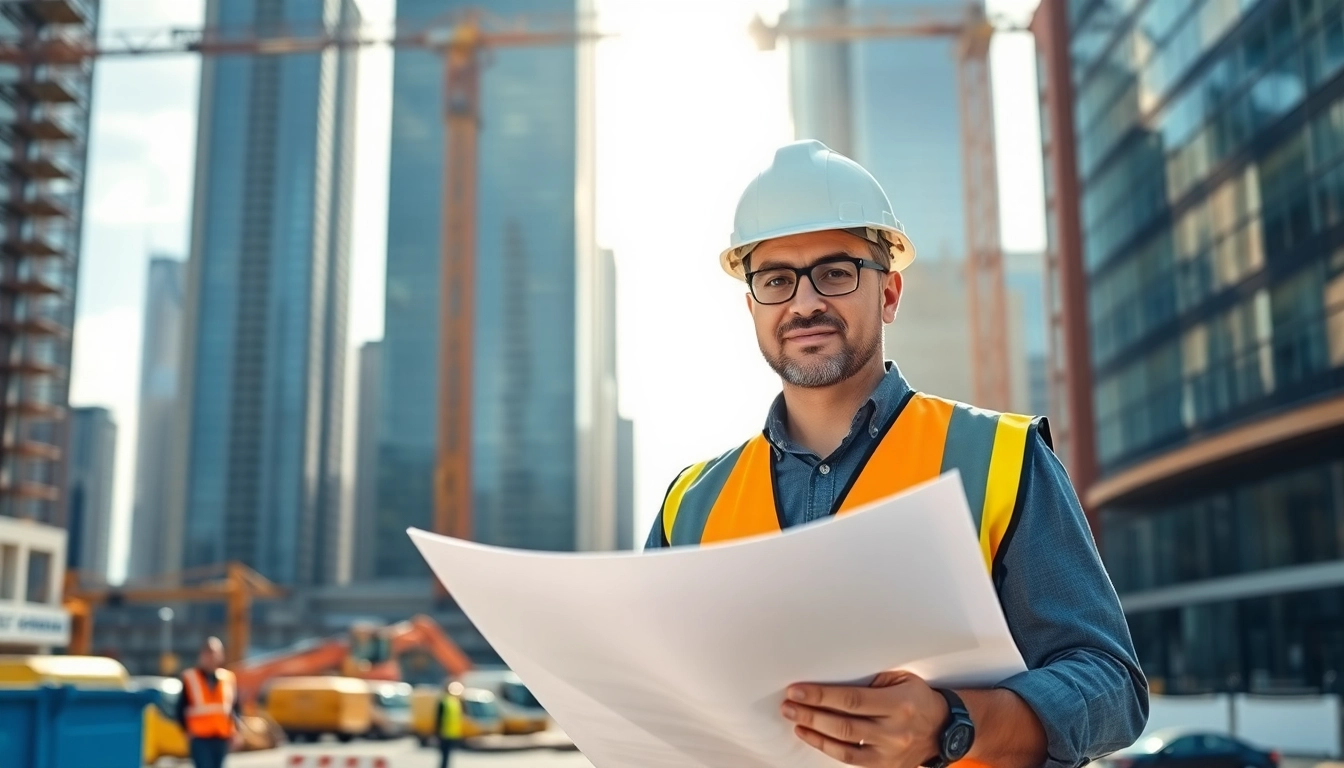New York General Contractor confidently presents construction plans in a thriving urban site.