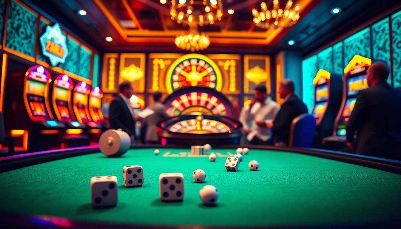 Experience the thrilling atmosphere of Zbet with players engaging in intense poker action and vibrant slot machines.