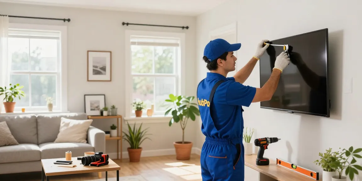 HubPro repair services handyman fixing a wall-mounted TV with tools in a bright living room.