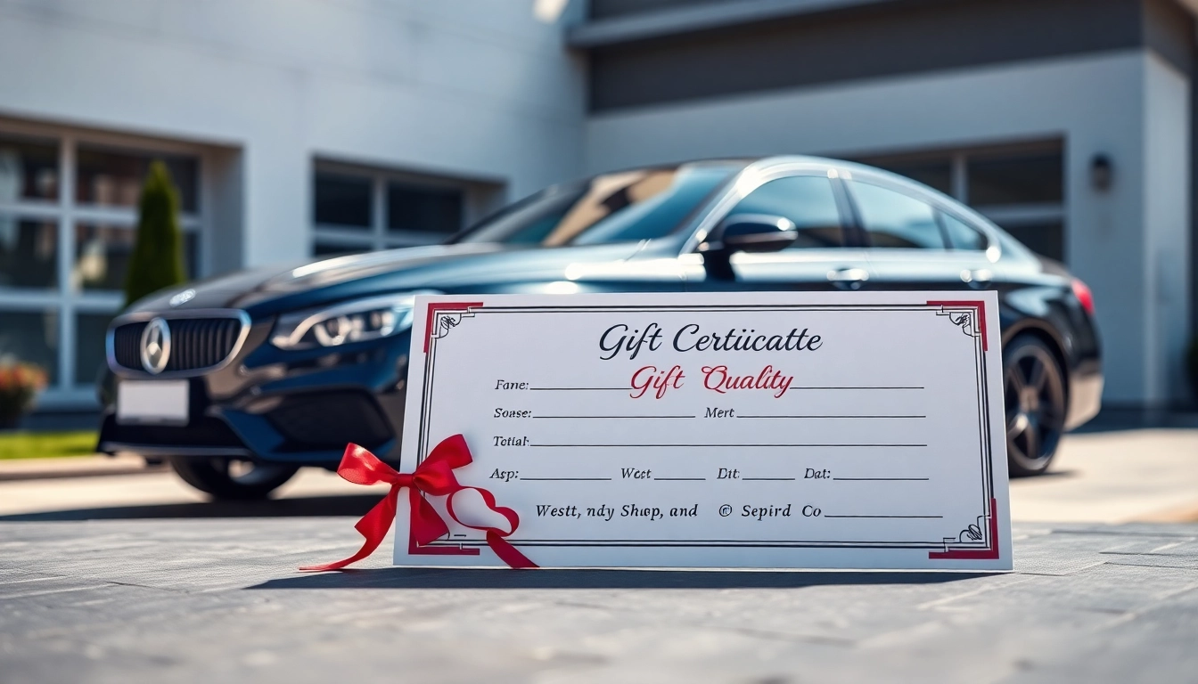 Car detailing gift certificate highlighting luxurious and professional services in a modern design.