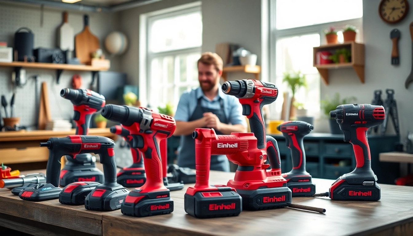 Showcase of Einhell tools in a workshop, highlighting their innovative design and versatility for DIY projects.