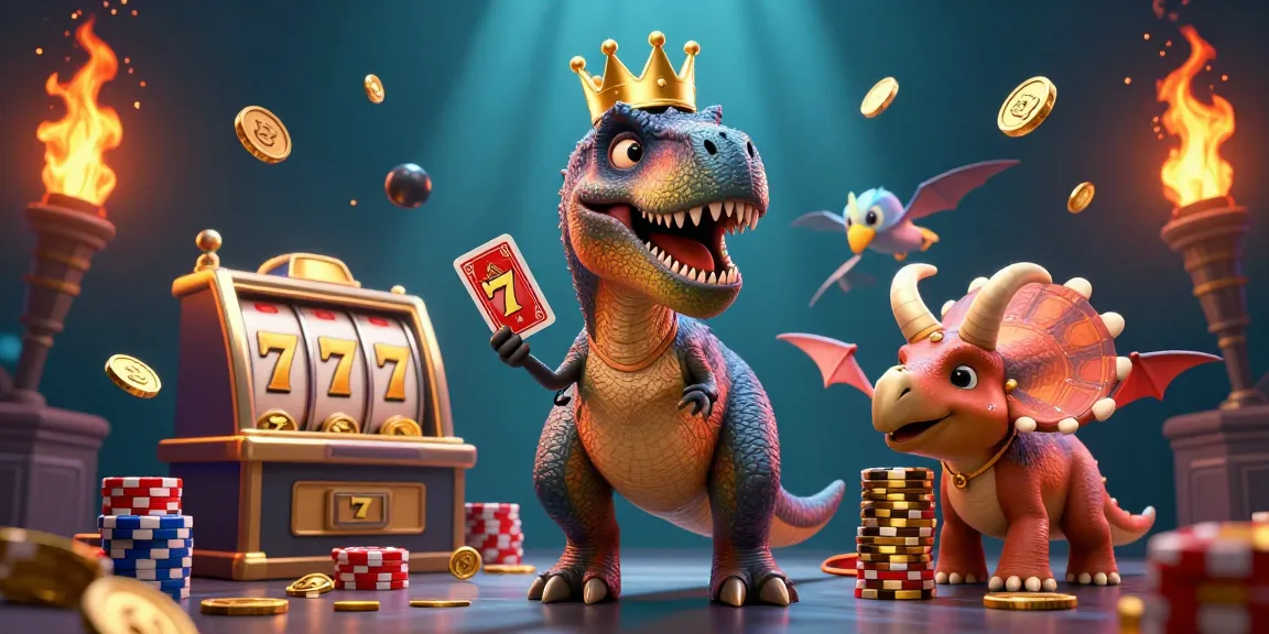 Engaging illustration of a T-Rex, pterodactyl, and triceratops at 789p casino, showcasing vibrant 3D card shuffling.