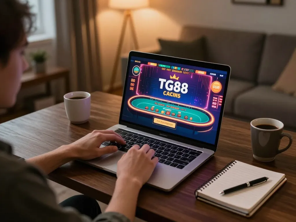 Player engaging with TG88 online casino games in a cozy home setting with laptop and live dealer interface.
