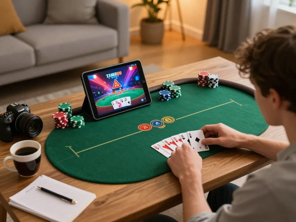 Engaging in an online f168 poker game during a cozy home session with strategic notes present