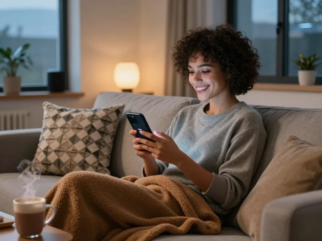 Engaging in free AI sex chat with a friendly chatbot on a smartphone in a cozy living room.