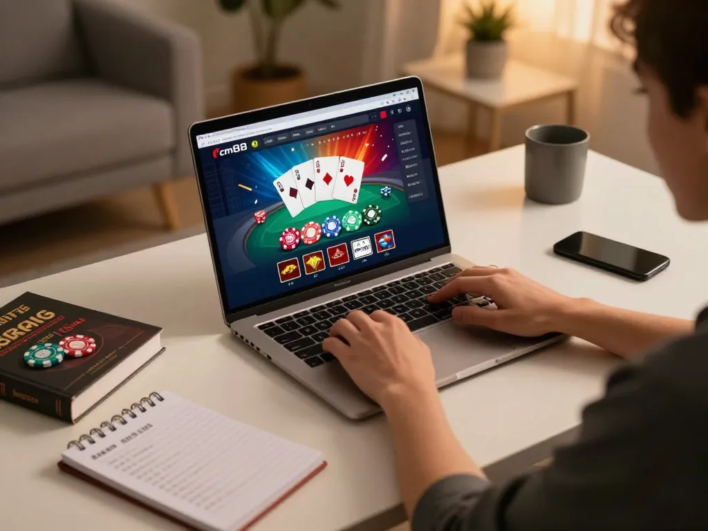 Engaging in responsible gaming at cm88 with laptop showing live poker action and strategic notes on desk.