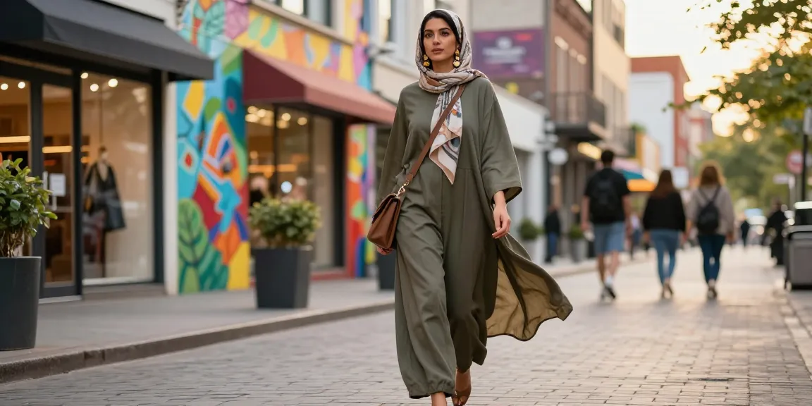 Stylish woman in modest clothing expressing confidence in a vibrant city setting.