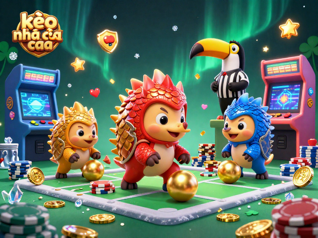 Bet on kèo nhà cái with dynamic 3D cartoon pangolins competing amidst vibrant casino elements.